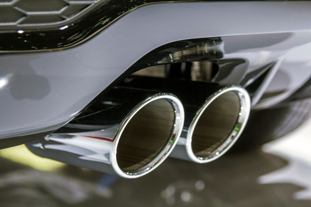 a double exhaust pipe on a powerful sports car