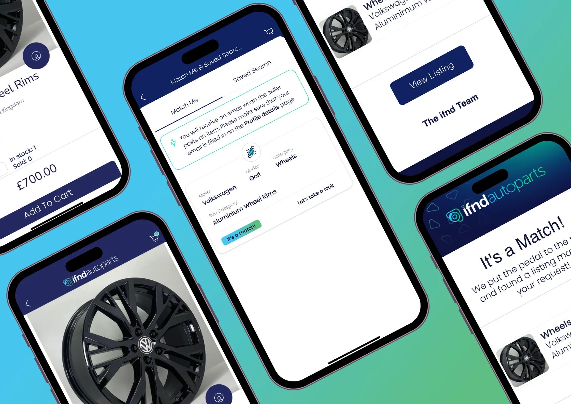 Mobile screenshots showing how to track dicontinued car parts with ifndautoparts' Match Me Alert feature
