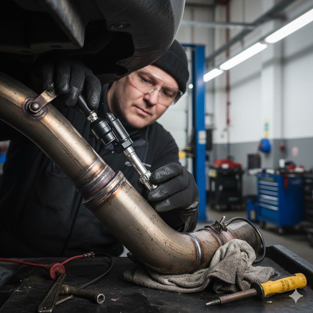 A mechanic in black gloves and safety glasses is working on a vehicle's exhaust system within a well-lit garage.